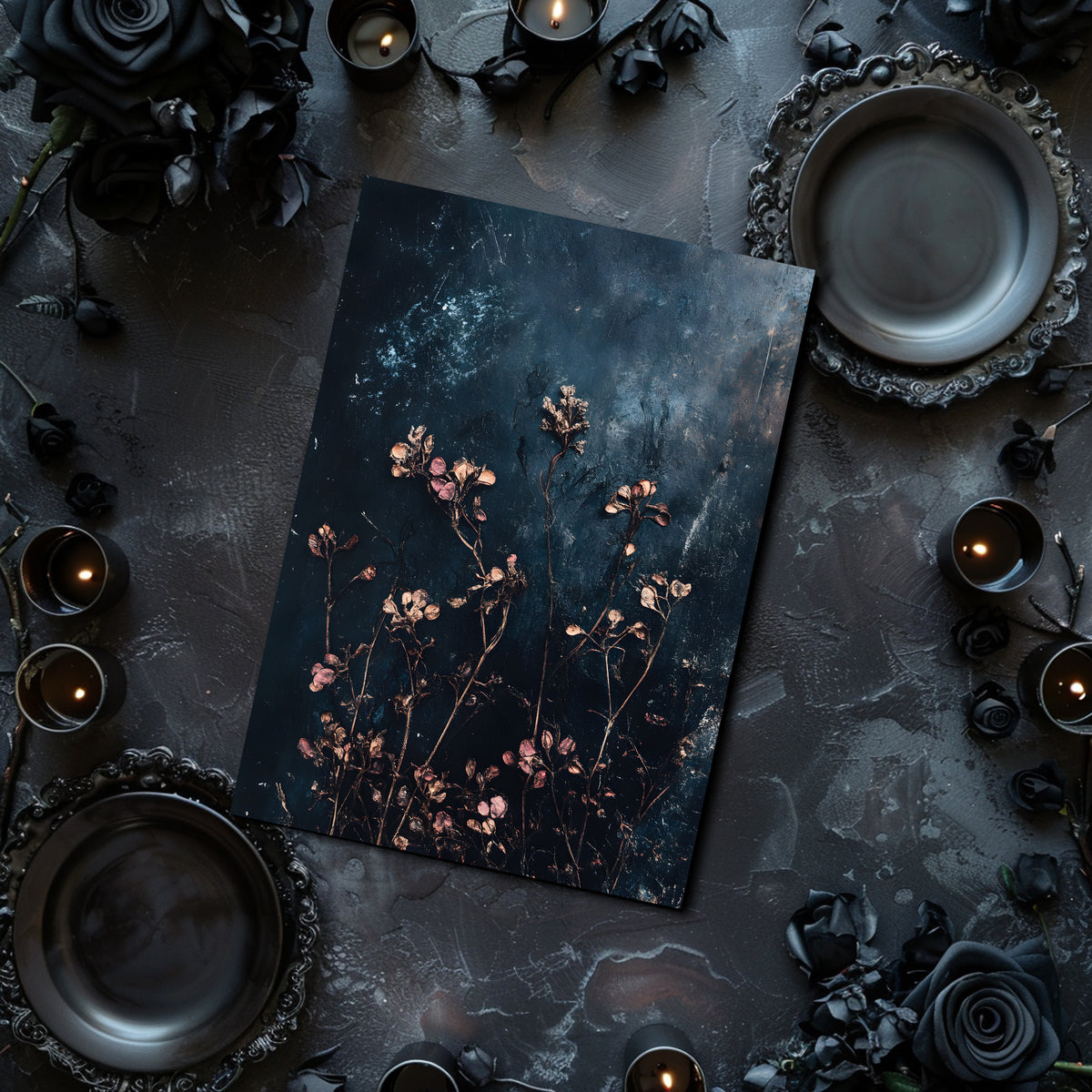Dark table setting with flowers, candles, and a textured card