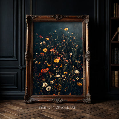Decorative painting of flowers in a wooden frame on a dark wall.