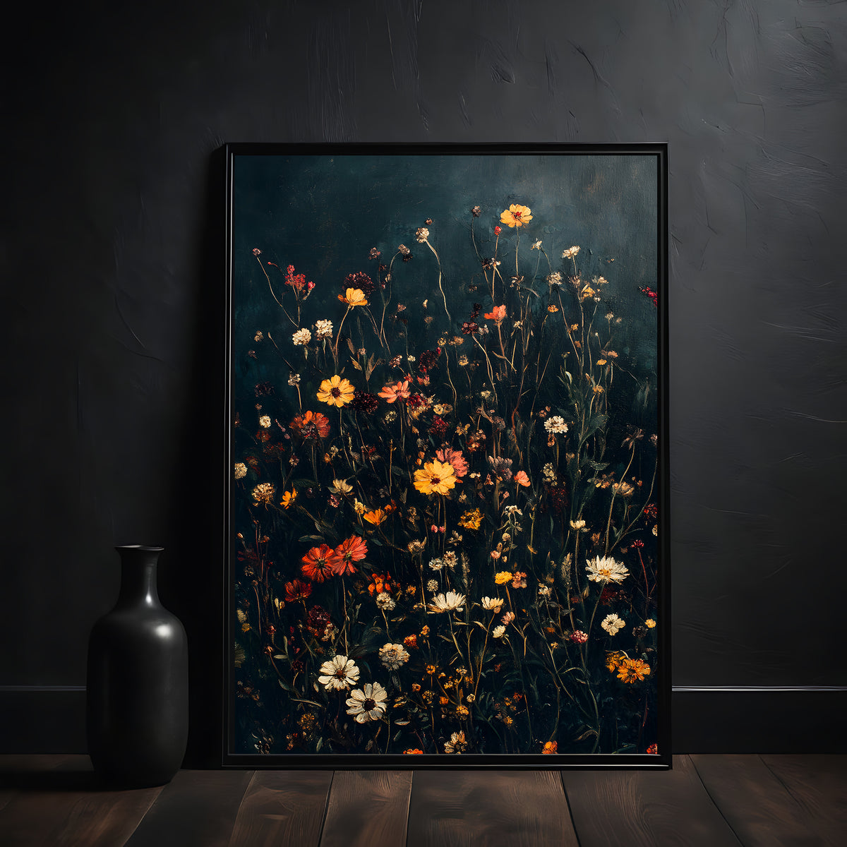 Framed artwork of a floral painting on a dark wall with a black vase.