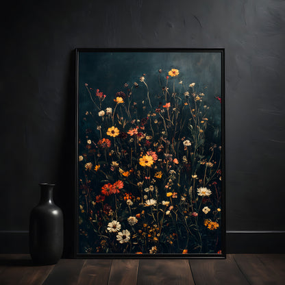 Framed artwork of a floral painting on a dark wall with a black vase.
