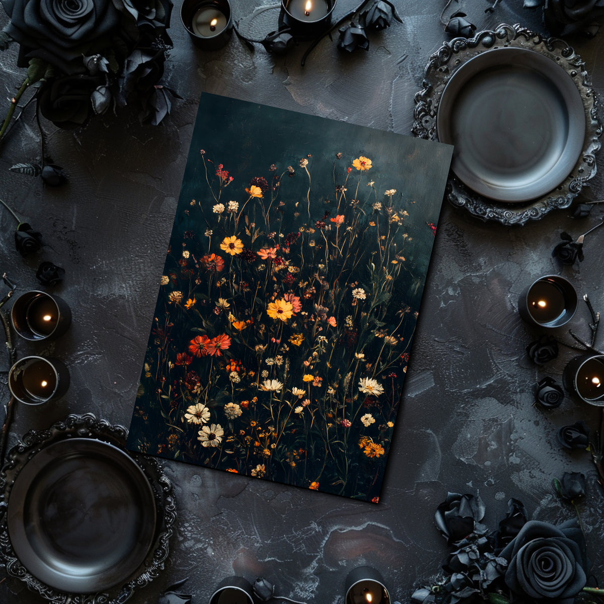 Dark floral painting on a textured surface with candles and decorative elements