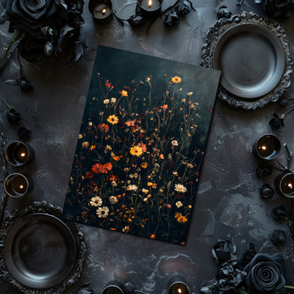 Dark floral painting on a textured surface with candles and decorative elements