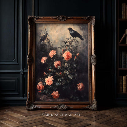 Vintage-style painting of roses and birds in a dark frame, displayed on a wall.