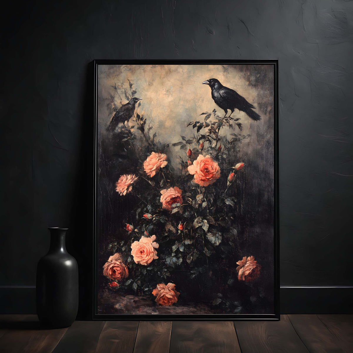 Framed artwork of birds on branches with pink flowers against a dark background