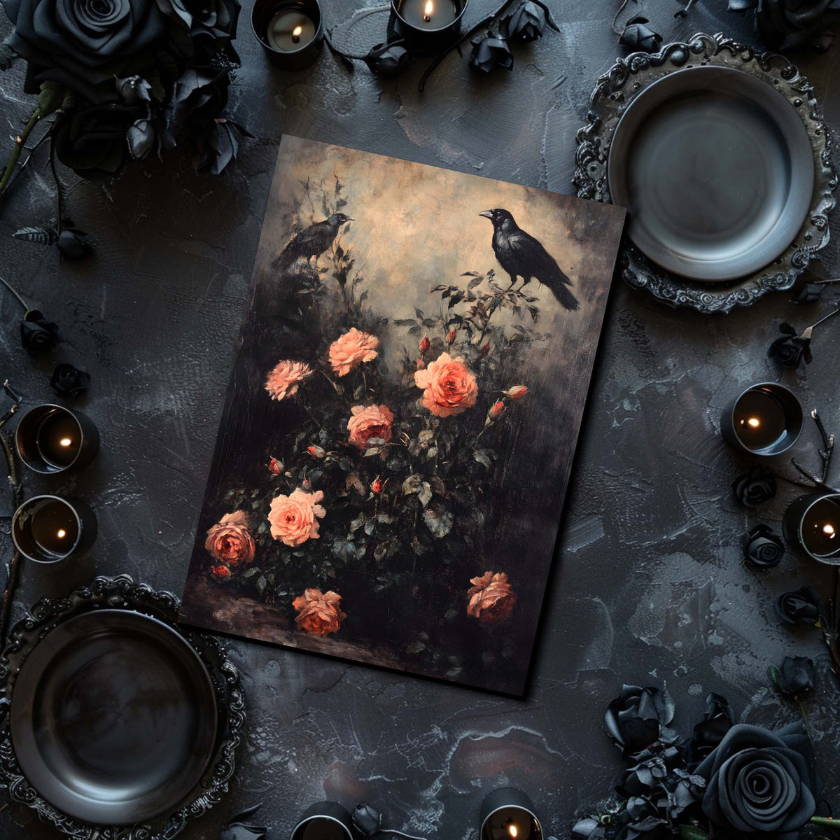 Artistic depiction of birds and flowers on a dark surface with candles and decorative elements.
