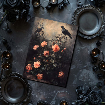 Artistic depiction of birds and flowers on a dark surface with candles and decorative elements.