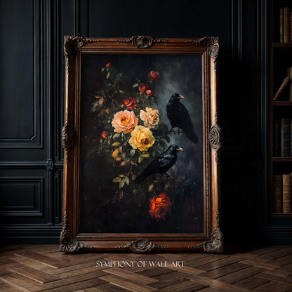 Decorative painting of flowers and ravens in an ornate frame, displayed on a dark wall.