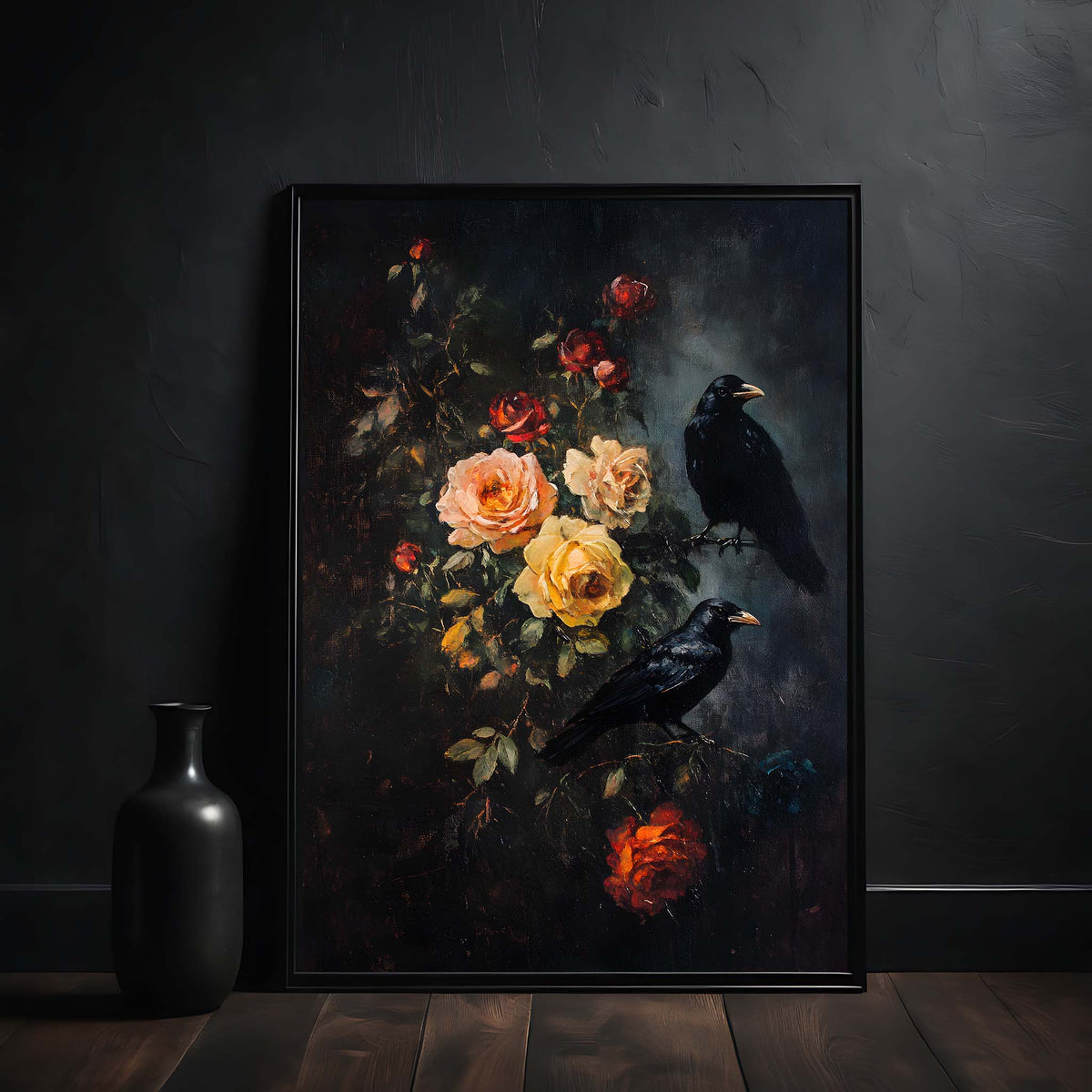 Framed artwork of flowers and ravens on a dark background