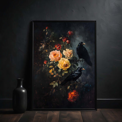 Framed artwork of flowers and ravens on a dark background
