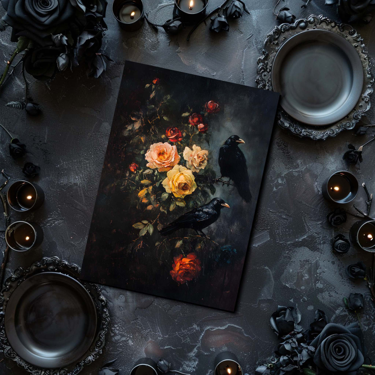 Dark-themed still life arrangement with flowers, ravens, and candles on a textured surface.