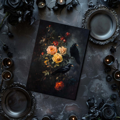 Dark-themed still life arrangement with flowers, ravens, and candles on a textured surface.