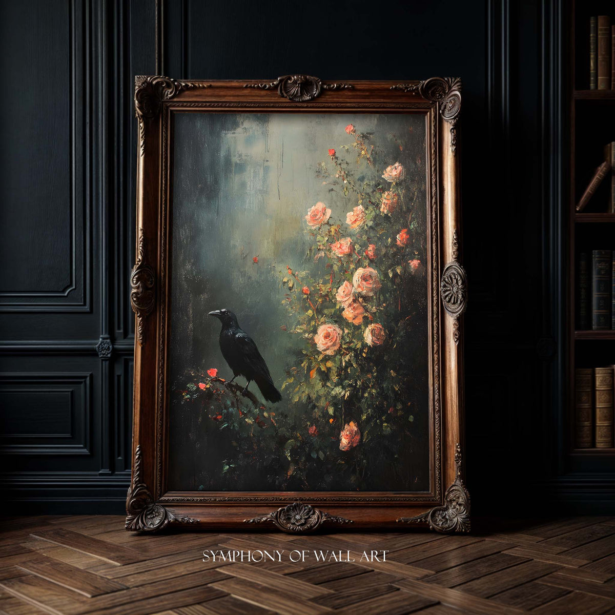 Framed painting of a crow and flowers on a dark wall.