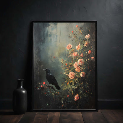 Framed painting of a crow and flowers on a dark wall with a black vase.