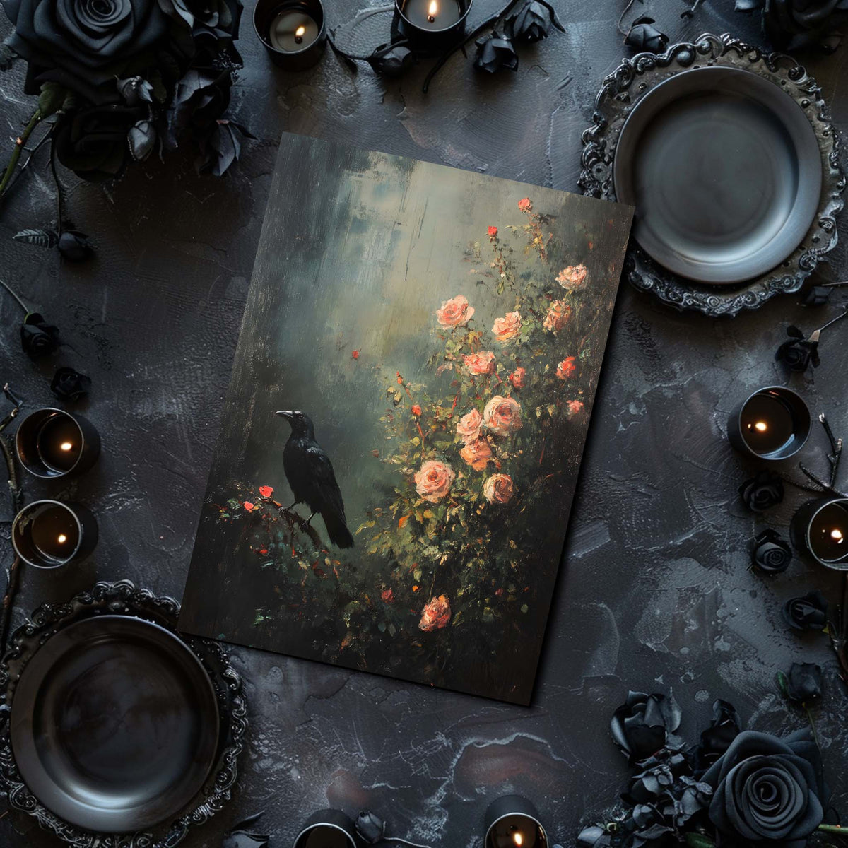 Artistic depiction of a crow and flowers on a dark surface with candles and decorative elements.