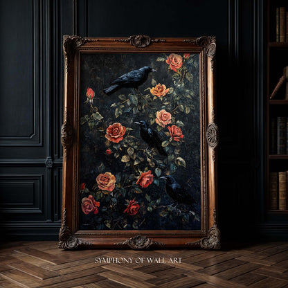 Black ravens in the rose bush dark academia wall art in the frame