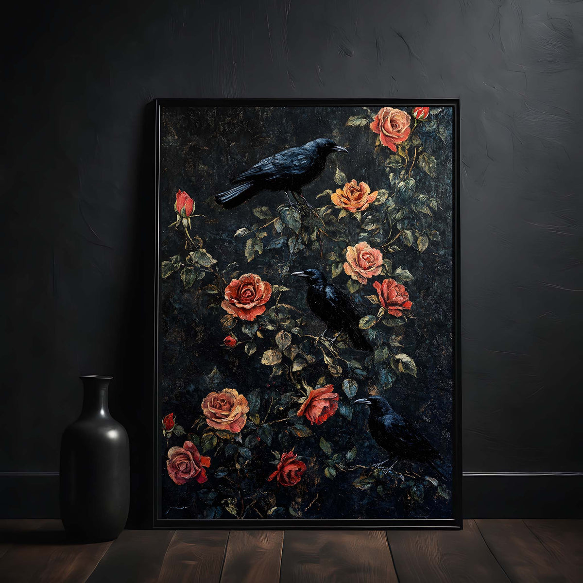 Black ravens in the rose bush dark academia wall art in the frame