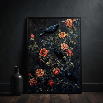 Black ravens in the rose bush dark academia wall art in the frame