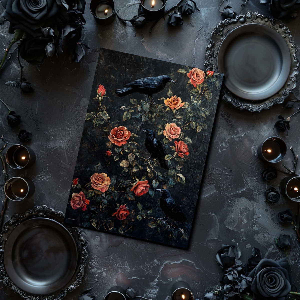 Dark floral painting with roses and crows on a dark surface with candles and black roses.