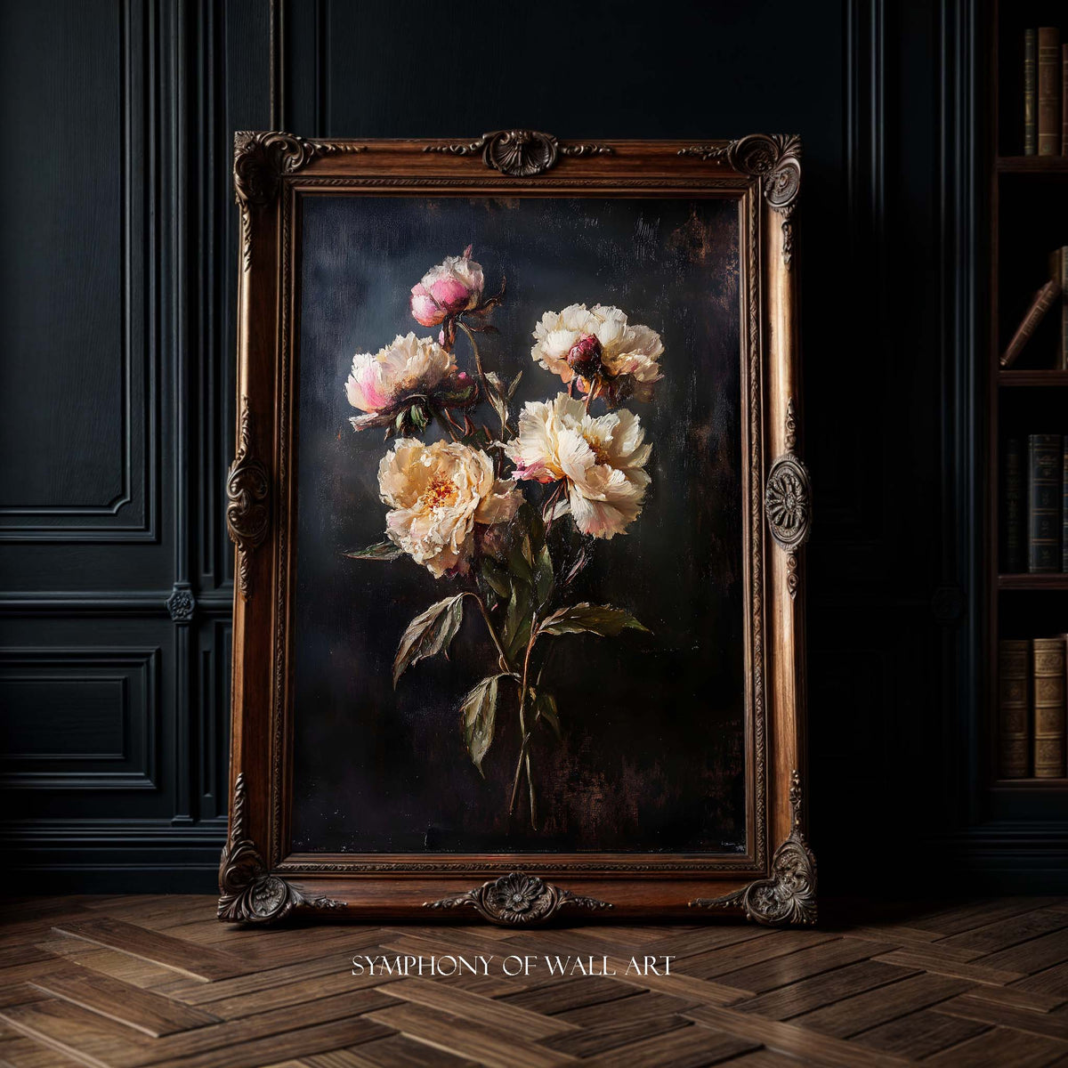 Floral painting of garden peonies in dark academia style in an ornate wooden frame on a dark wall.