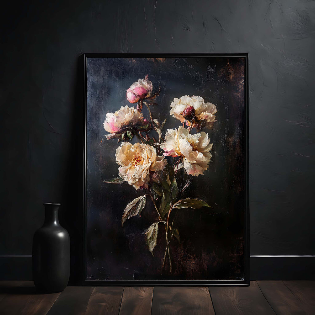 Floral painting of garden peonies in dark academia style in an ornate wooden frame on a dark wall.