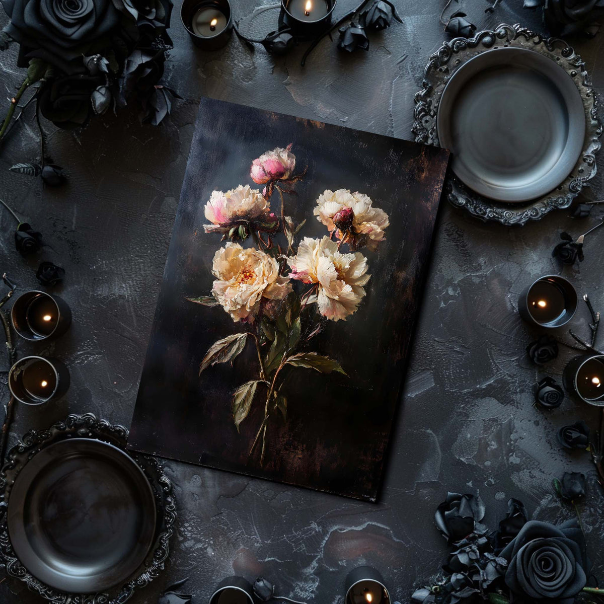 Floral painting of garden peonies in dark academia style in an ornate wooden frame on a dark wall.elements