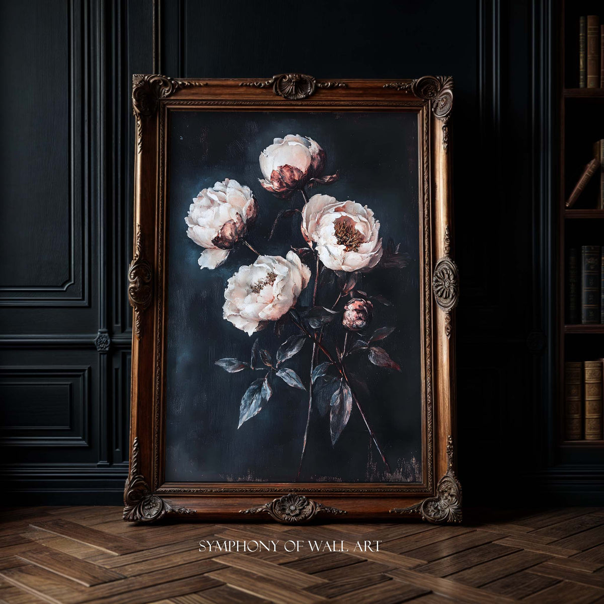 Framed painting of white flowers on a dark background, displayed in a room with wooden floor and bookshelf.