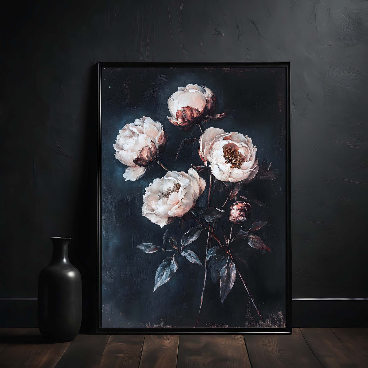 Framed painting of white flowers on a dark background