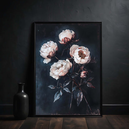 Framed painting of white flowers on a dark background