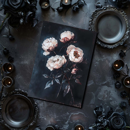 Floral painting on a dark surface with candles and decorative elements