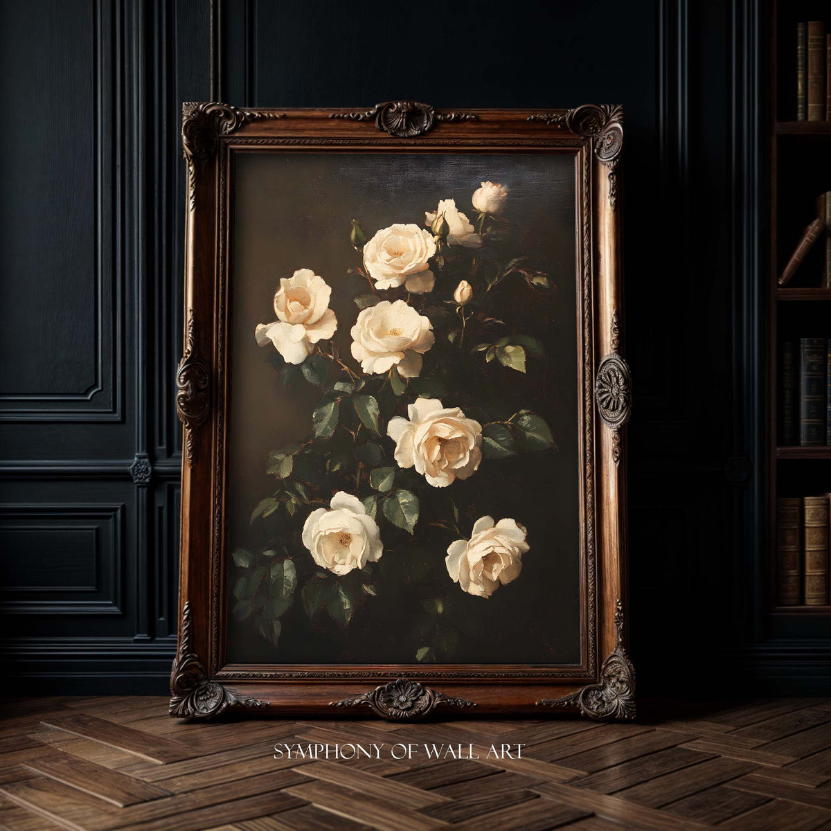 Framed painting of white flowers on a dark background, displayed in a room with wooden floor and bookshelf.
