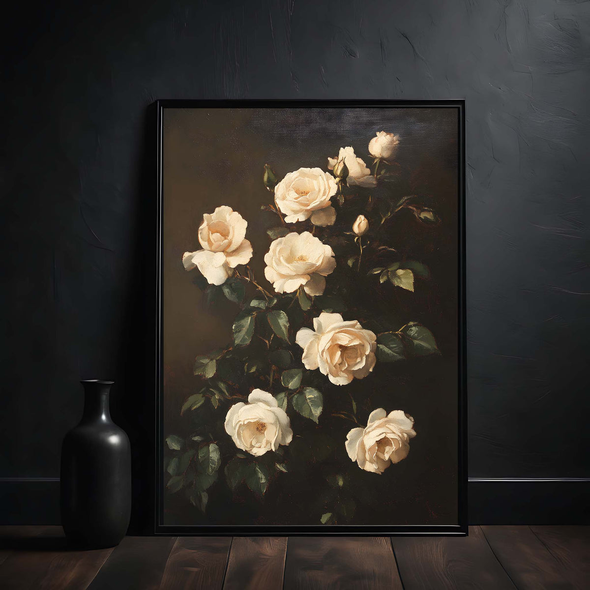 Framed artwork of white roses on a dark wall with a black vase.