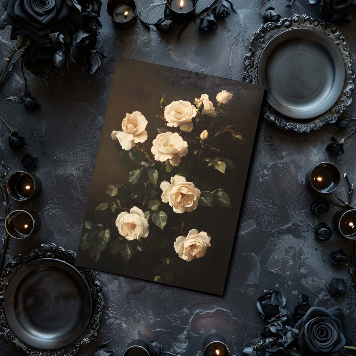 Poster of white roses on a dark surface with candles and black roses.