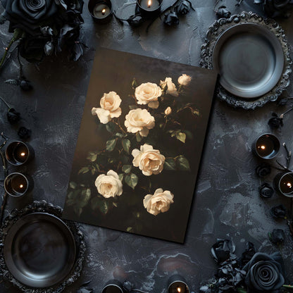 Poster of white roses on a dark surface with candles and black roses.
