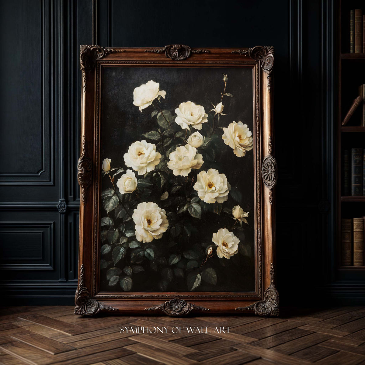 white tea rose bush in the framed art work on the dark background dark academia print