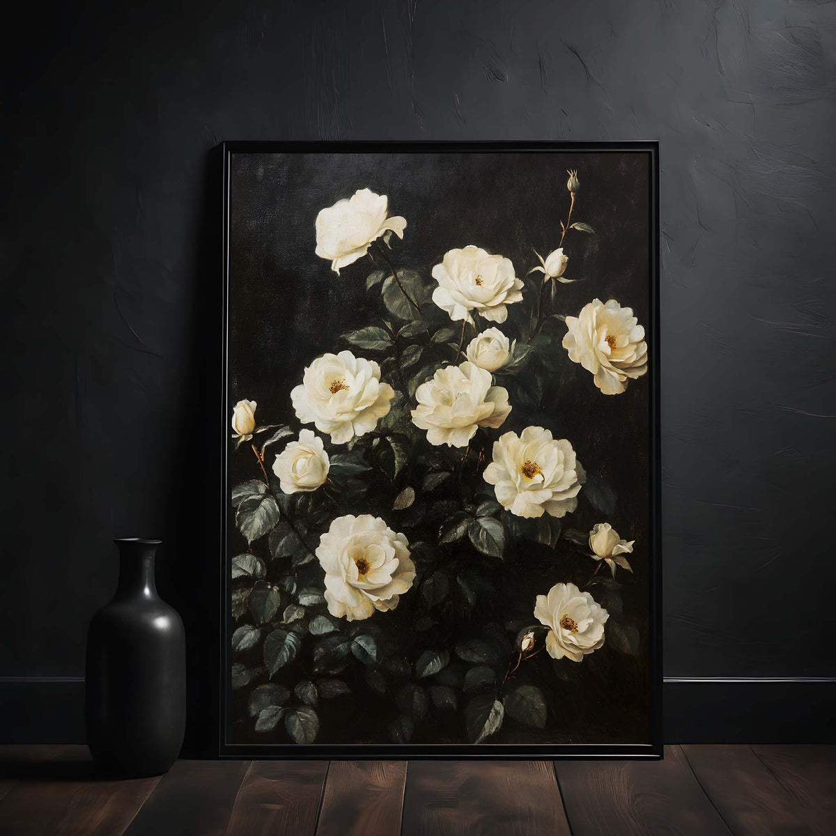 white tea rose bush in the framed art work on the dark background dark academia print