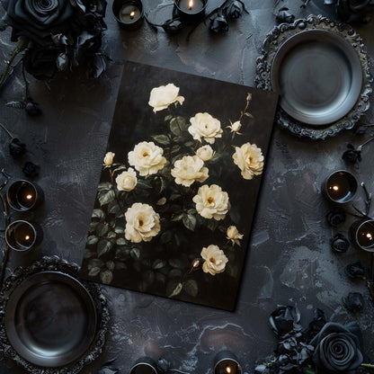 Floral painting on a dark surface with candles and black roses.