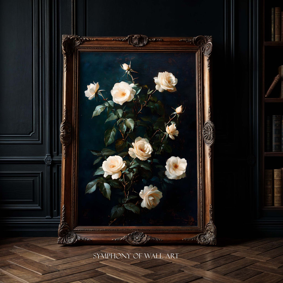 Framed artwork of white roses on a dark background in a room with wooden floor and bookshelf.