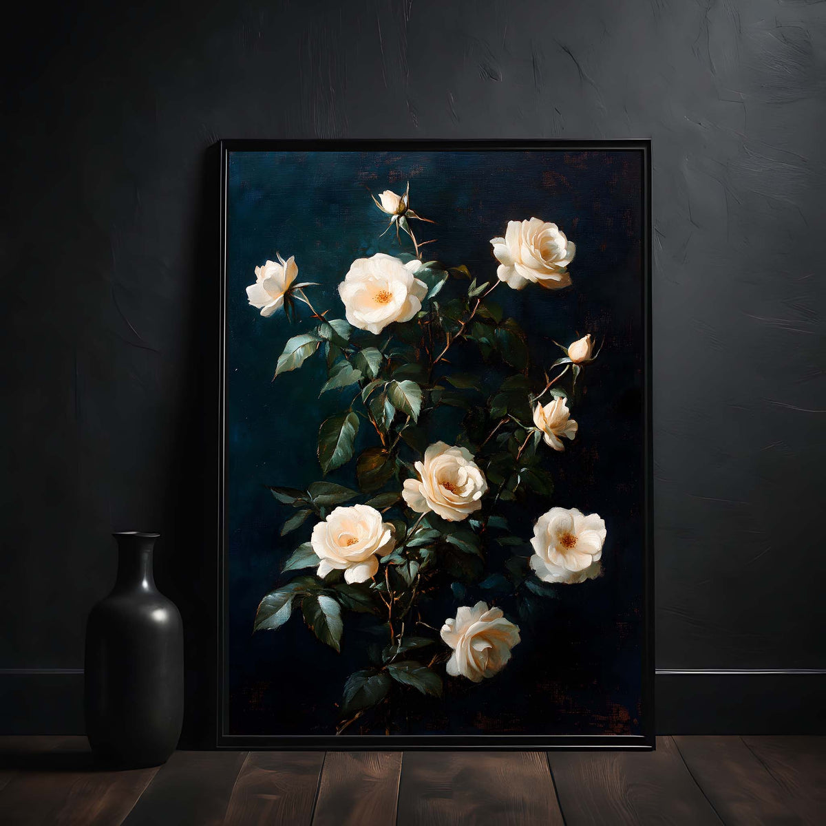Framed artwork of white roses on a dark background