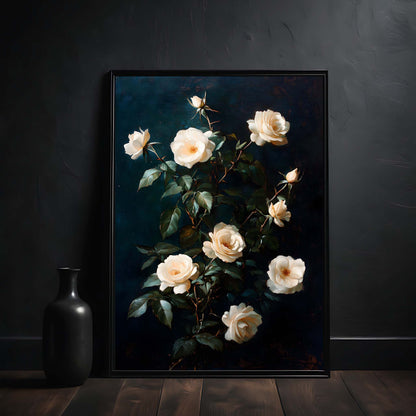 Framed artwork of white roses on a dark background