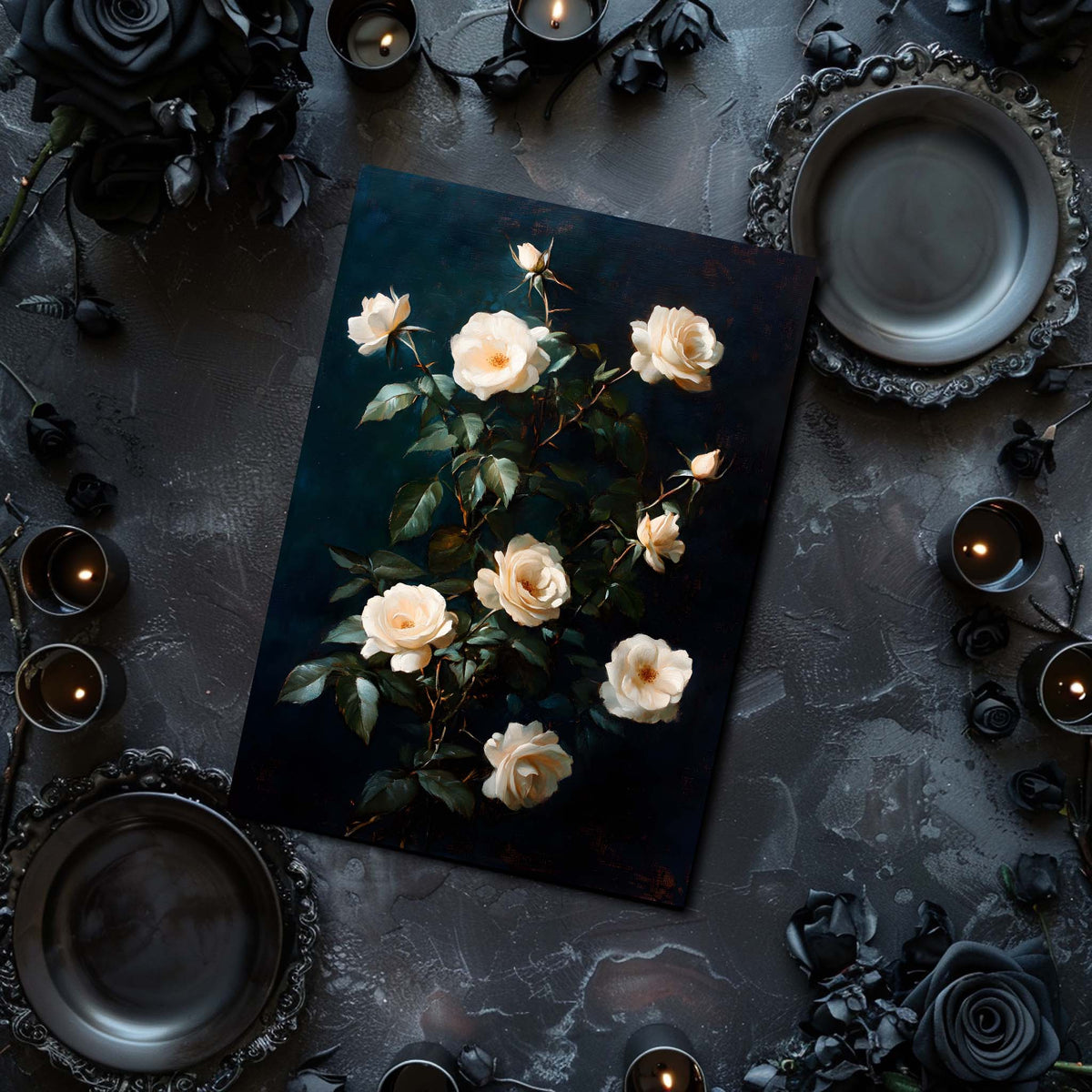Floral painting on a dark surface with candles and decorative elements