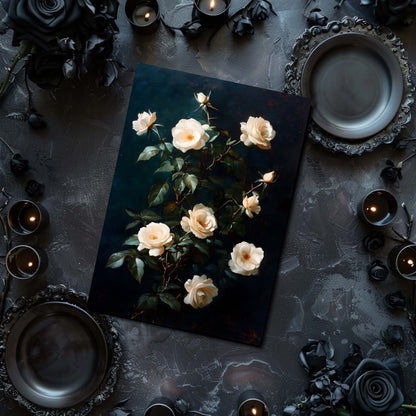 Floral painting on a dark surface with candles and decorative elements