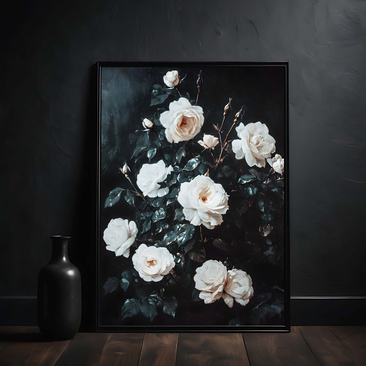 Framed artwork of white roses on a dark background