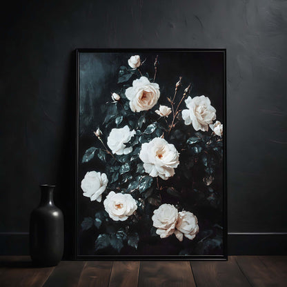 Framed artwork of white roses on a dark background