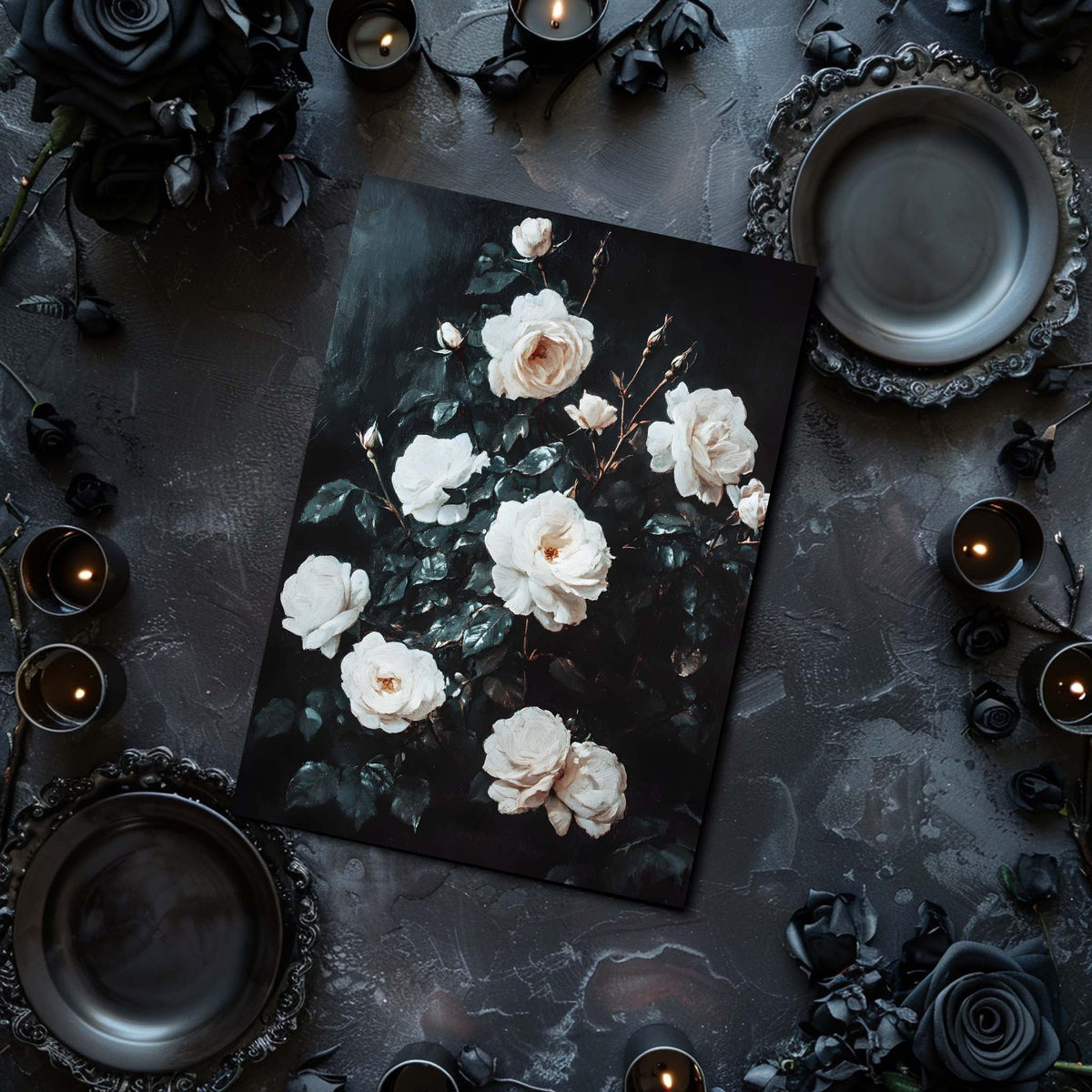 Floral arrangement on a dark surface with candles and decorative plates.