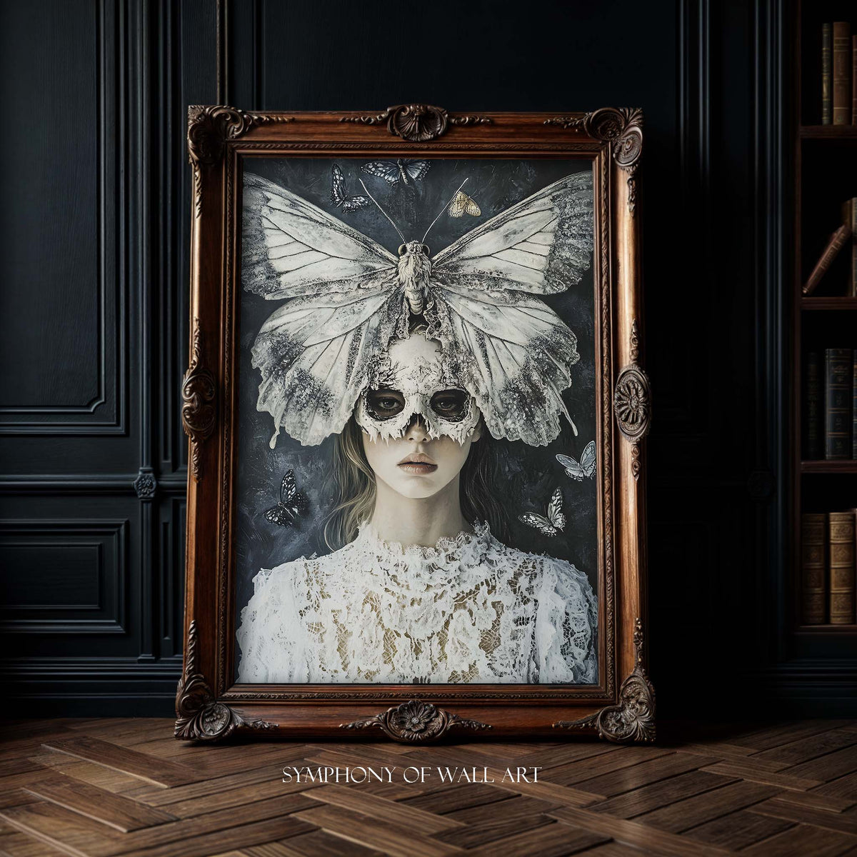 Framed artwork with a butterfly and lace design on a dark background, featuring 'Symphony of Wall Art' branding.