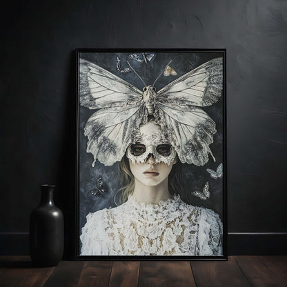 Framed artwork of a woman with a butterfly on her head against a dark background