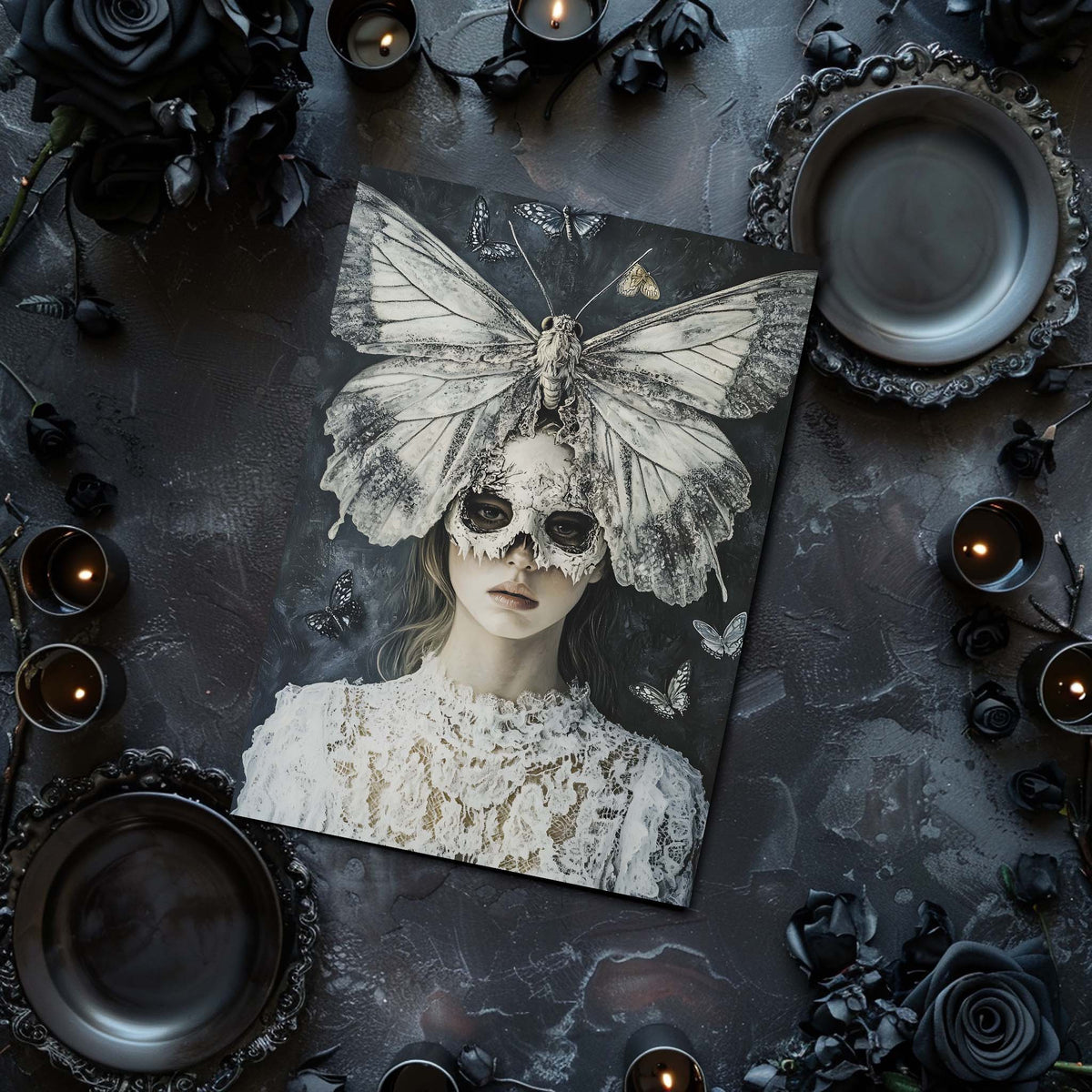 artwork of a woman with a butterfly on her head against a dark background
