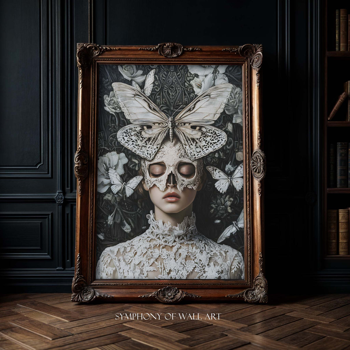 Framed artwork with a butterfly and lace design woman portrait on a dark background