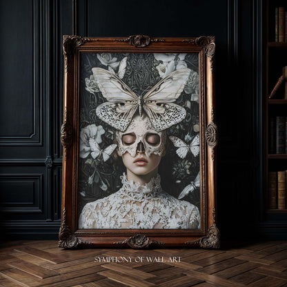 Framed artwork with a butterfly and lace design woman portrait on a dark background