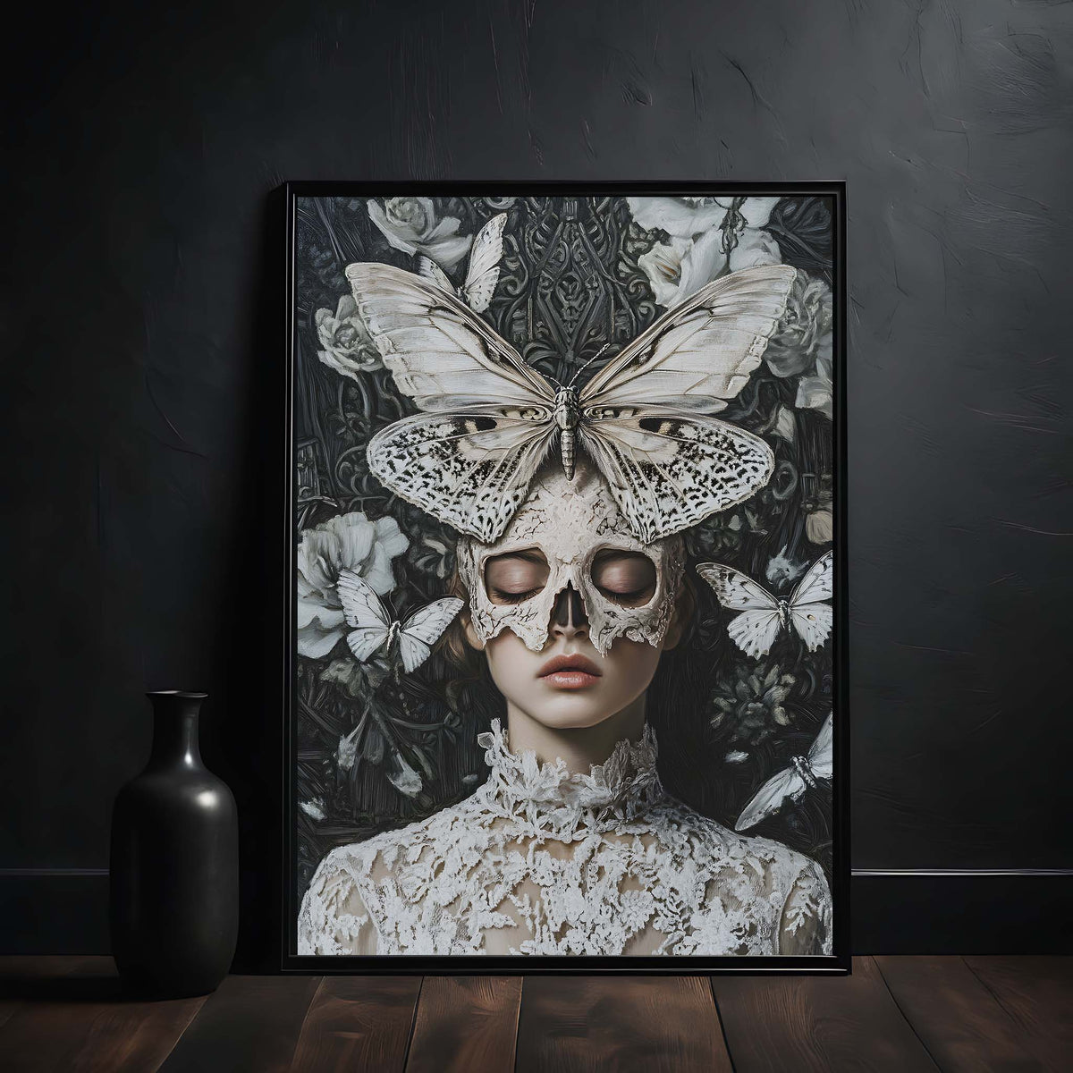 Framed artwork of a woman with butterfly wings and lace details against a dark floral background.
